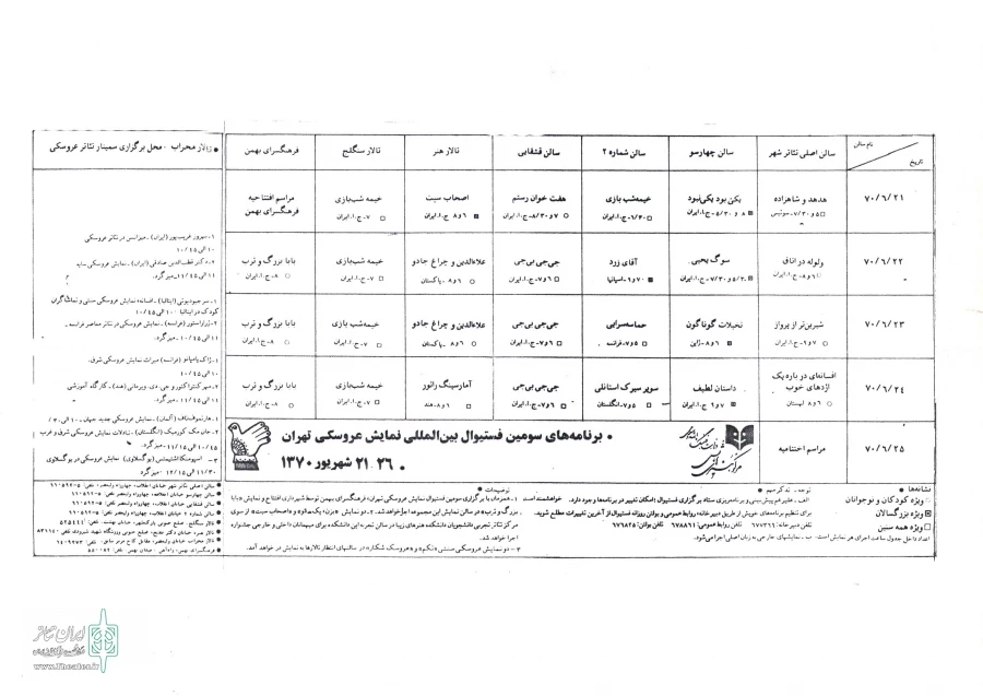 جدول اجرا های سومین جشنواره بین المللی تئاتر عروسکی تهران - مبارک (1370) 2