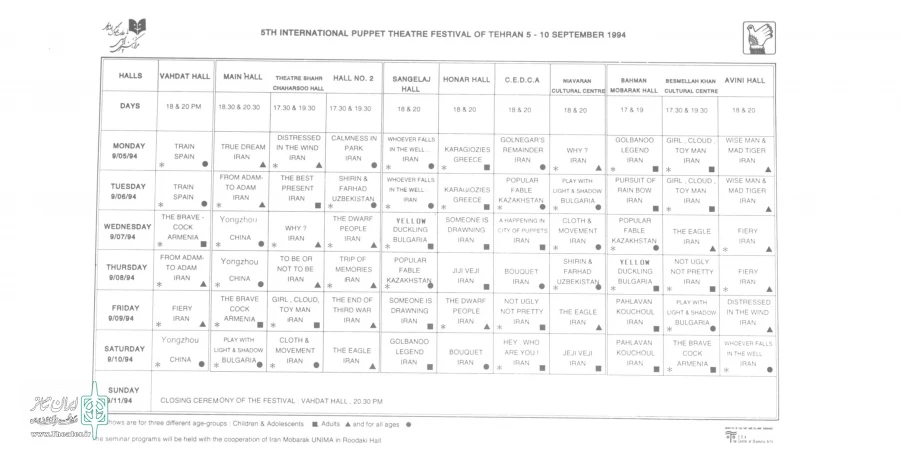 جدول اجرا پنجمین جشنواره بین المللی تئاتر عروسکی تهران - مبارک (۱۳۷۳) 2