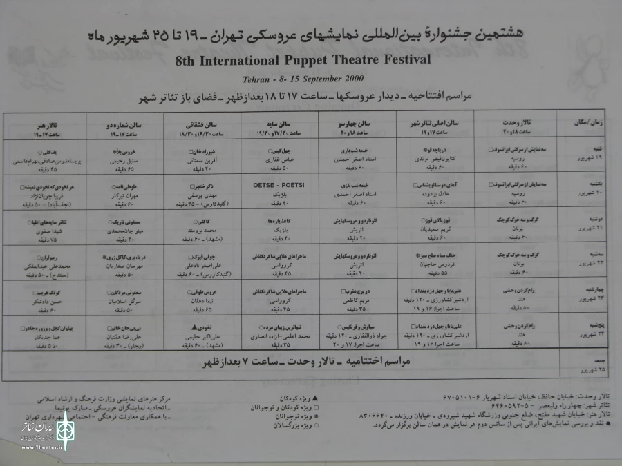 جدول اجرا های هشتمین جشنواره بین المللی تئاتر عروسکی تهران - مبارک (۱۳۷۹) 2