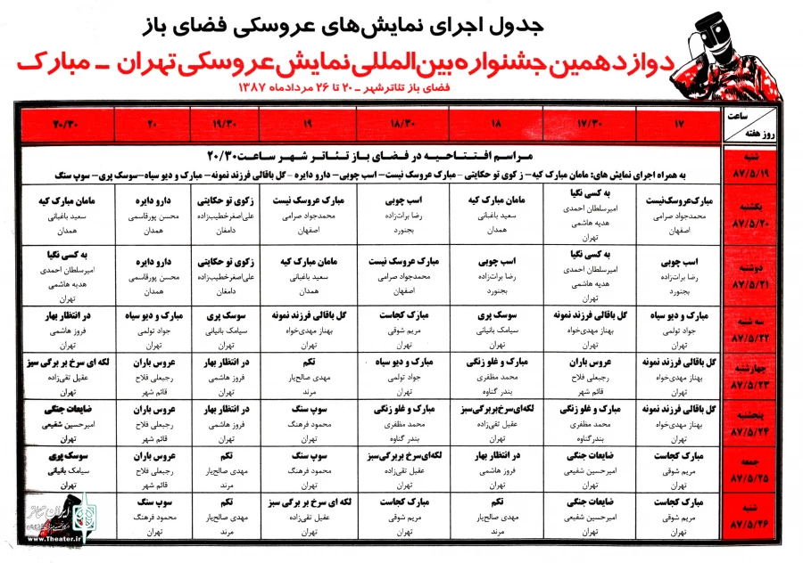 جدول نمایش های خیابانی دوازدهمین جشنواره بین المللی تئاتر عروسکی تهران - مبارک  (1387) 2