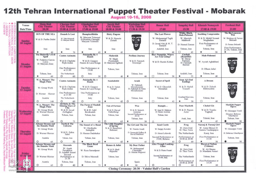 جدول انگلیسی دوازدهمین جشنواره بین المللی تئاتر عروسکی تهران - مبارک  (1387) 2